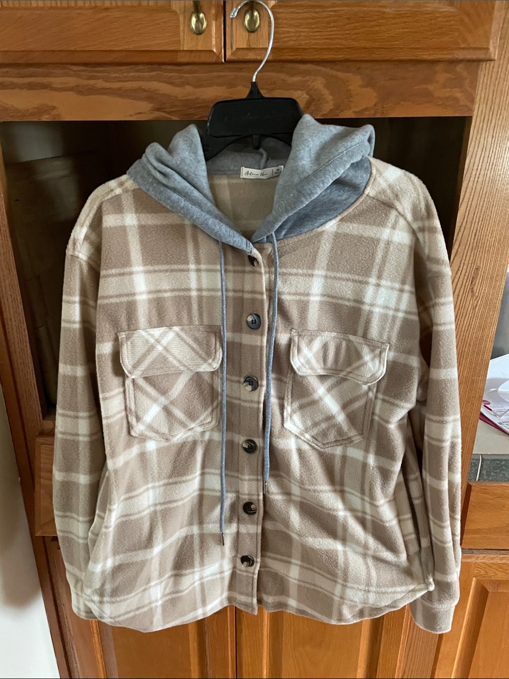 Active USA Beige and Gray Plaid Hooded Utility Jacket